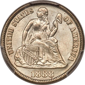 image for: 1888-S 10C MS65 PCGS. PCGS Population: (13/8 and 0/1+). NGC Census: (4/3 and 0/0+). CDN: $3,000 Whsle. Bid for NGC/PCGS MS6...