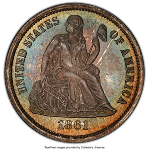 image for: 1861 10C PR66 PCGS. PCGS Population: (5/1). NGC Census: (9/0). CDN: $1,800 Whsle. Bid for NGC/PCGS PR66. Mintage 1,000. ...