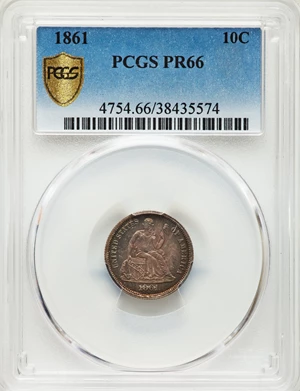 image for: 1861 10C PR66 PCGS. PCGS Population: (5/1). NGC Census: (9/0). CDN: $1,800 Whsle. Bid for NGC/PCGS PR66. Mintage 1,000. ...