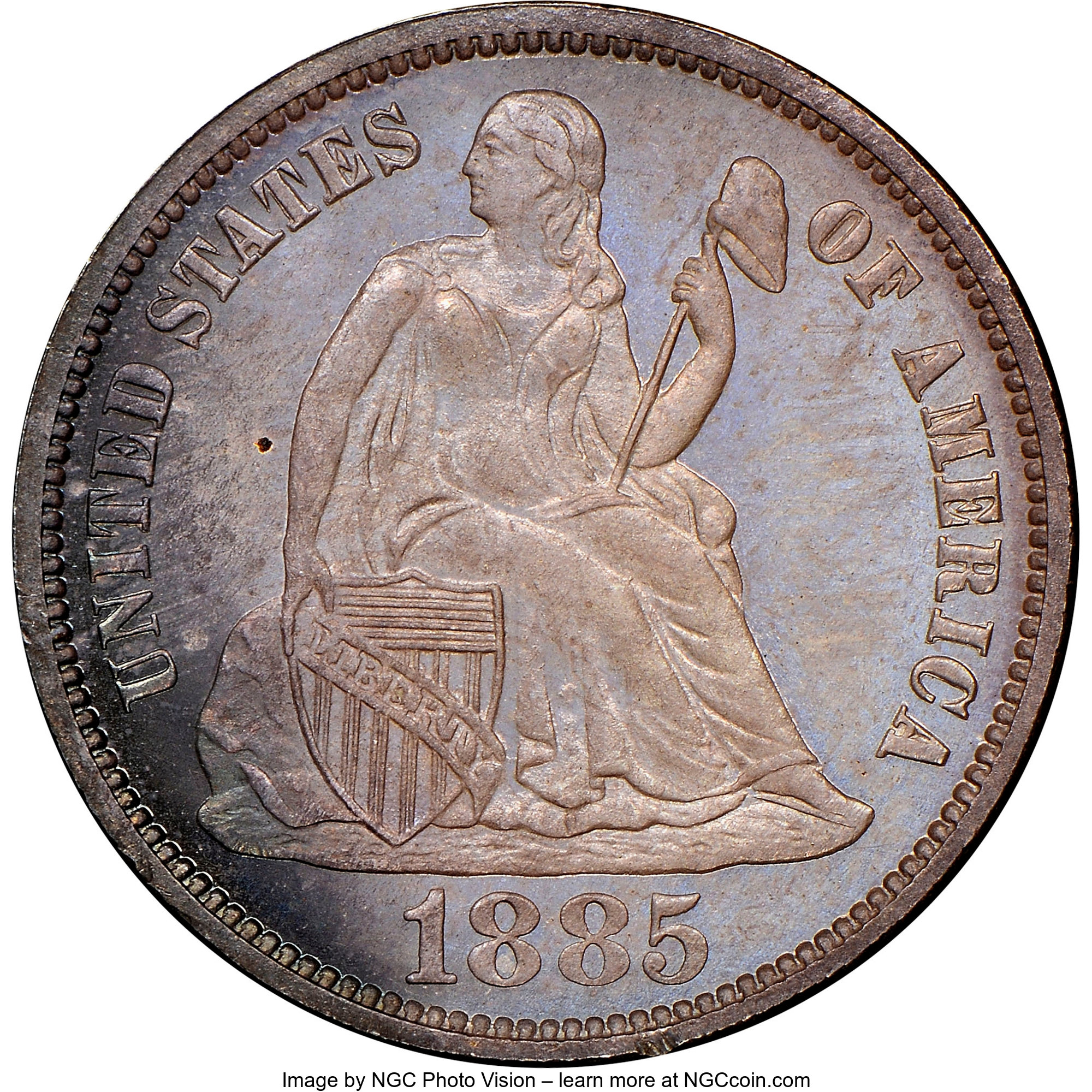 image for: 1885 10C PR66+ NGC. NGC Census: (23/12 and 2/0+). PCGS Population: (31/10 and 4/4+). CDN: $950 Whsle. Bid for NGC/PCGS PR66...