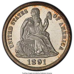 image for: 1891 10C PR66 Cameo PCGS. PCGS Population: (12/11). NGC Census: (11/3). PR66. Mintage 600. ...