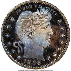 image for: 1896 25C PR66 NGC. NGC Census: (33/33). PCGS Population: (31/21). CDN: $1,250 Whsle. Bid for NGC/PCGS PR66. Mintage 762. ...