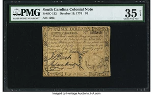image for: South Carolina October 19, 1776 $6 PMG Choice Very Fine 35 Net....