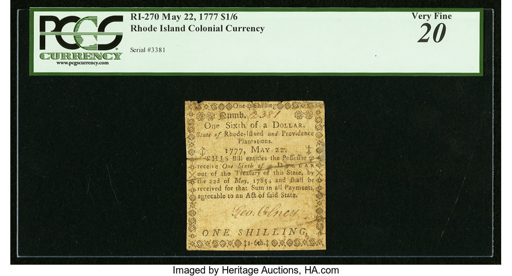 image for: Rhode Island May 22, 1777 $1/6 PCGS Very Fine 20....