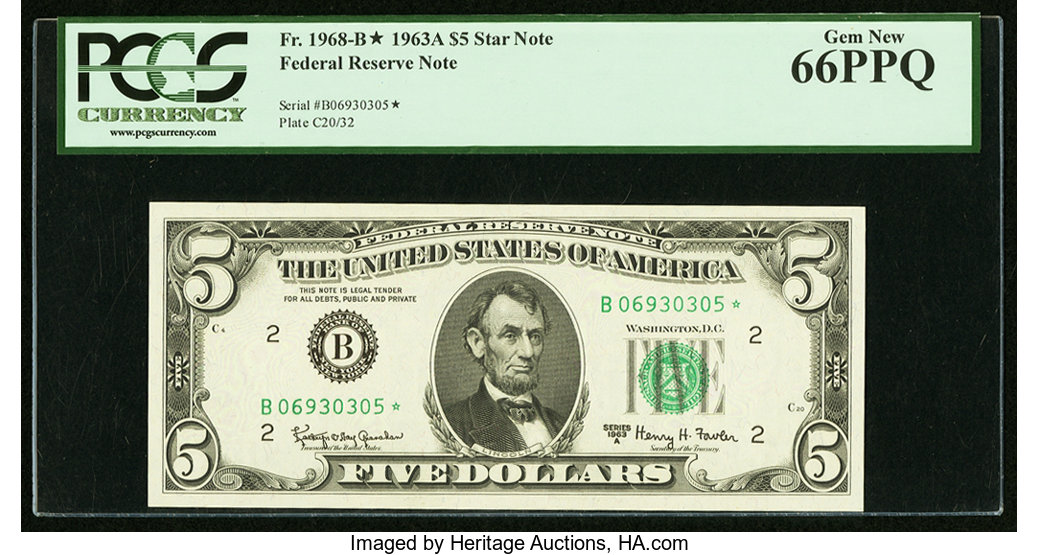 image for: Fr. 1968-B* $5 1963A Federal Reserve Star Note. PCGS Gem New 66PPQ....