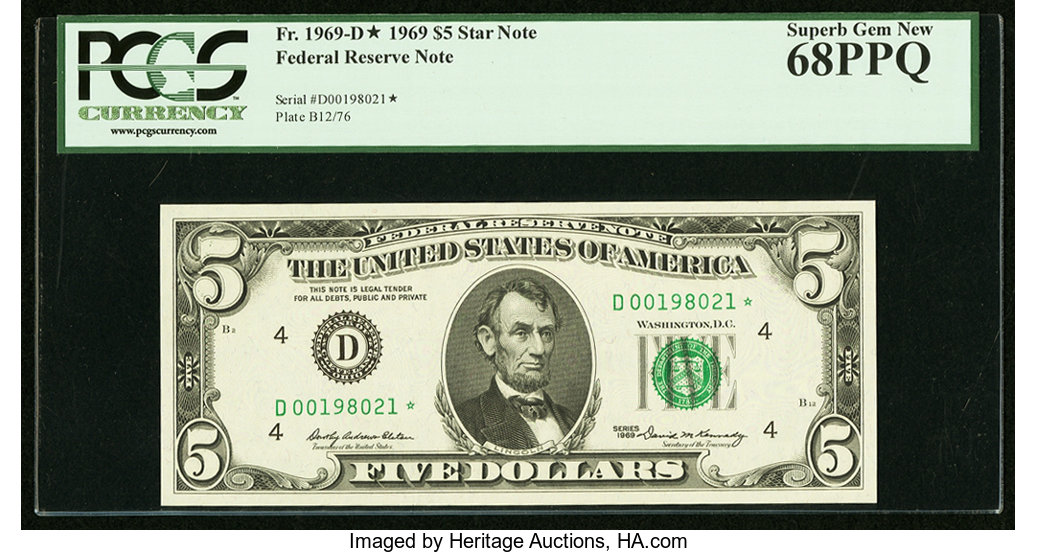 image for: Fr. 1969-D* $5 1969 Federal Reserve Star Note. PCGS Superb Gem New 68PPQ....