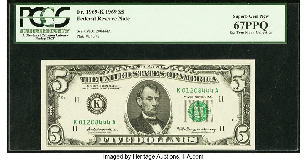 image for: Fr. 1969-K $5 1969 Federal Reserve Note. PCGS Superb Gem New 67PPQ....