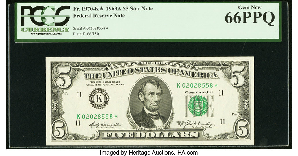 image for: Fr. 1970-K* $5 1969A Federal Reserve Star Note. PCGS Gem New 66PPQ....
