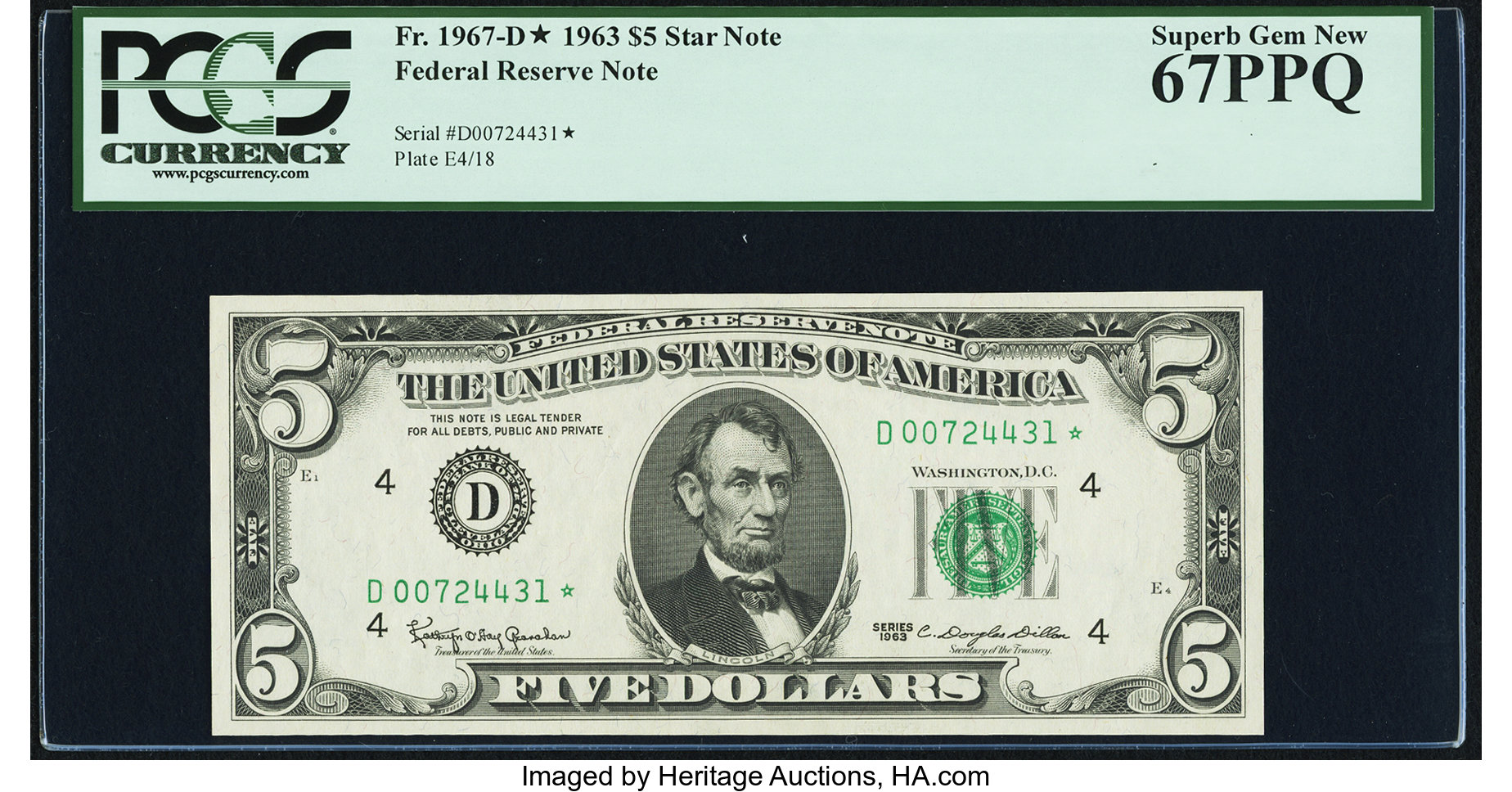 image for: Fr. 1967-D* $5 1963 Federal Reserve Star Note. PCGS Superb Gem New 67PPQ....