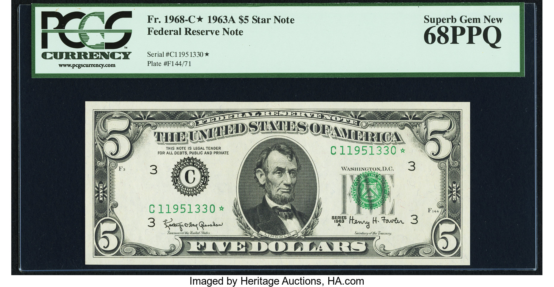 image for: Fr. 1968-C* $5 1963A Federal Reserve Star Note. PCGS Superb Gem New 68PPQ....