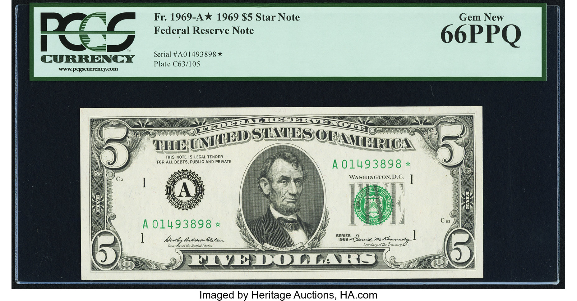 image for: Fr. 1969-A* $5 1969 Federal Reserve Star Note. PCGS Gem New 66PPQ....