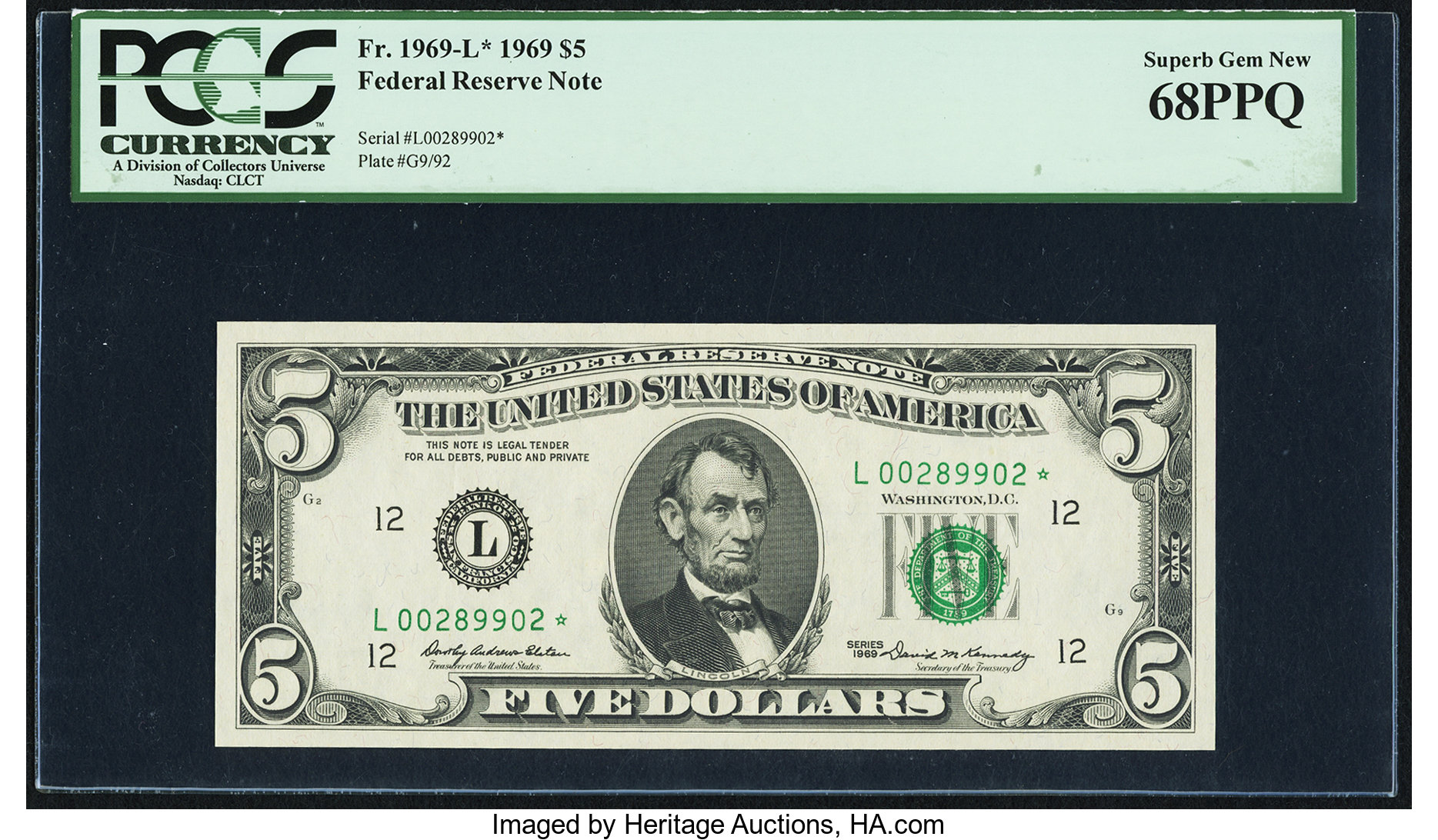 image for: Fr. 1969-L* $5 1969 Federal Reserve Star Note. PCGS Superb Gem New 68PPQ....