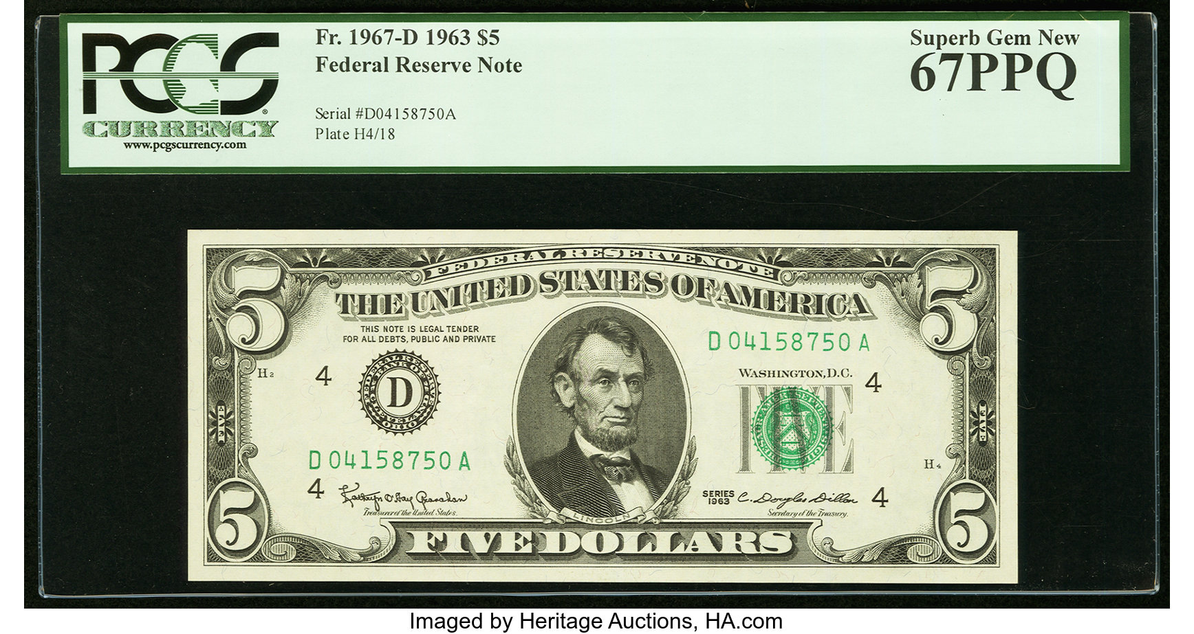 image for: Fr. 1967-D $5 1963 Federal Reserve Note. PCGS Superb Gem New 67PPQ....