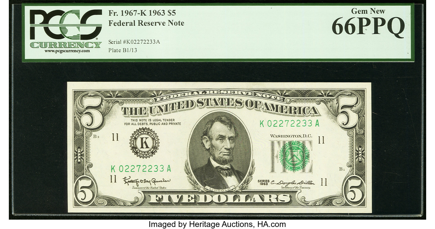 image for: Fr. 1967-K $5 1963 Federal Reserve Note. PCGS Gem New 66PPQ....