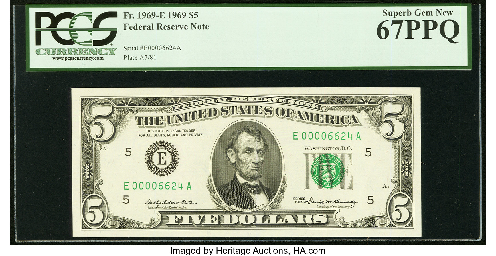 image for: Low Serial Number 6624 Fr. 1969-E $5 1969 Federal Reserve Note. PCGS Superb Gem New 67PPQ....
