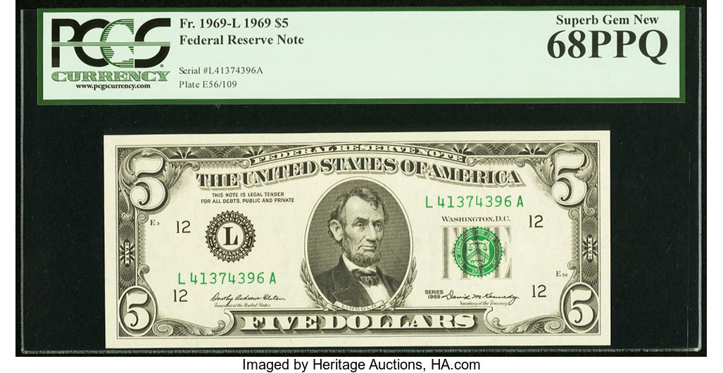 image for: Fr. 1969-L $5 1969 Federal Reserve Note. PCGS Superb Gem New 68PPQ....