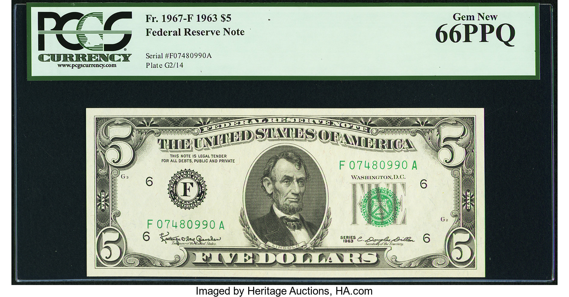 image for: Fr. 1967-F $5 1963 Federal Reserve Note. PCGS Gem New 66PPQ....
