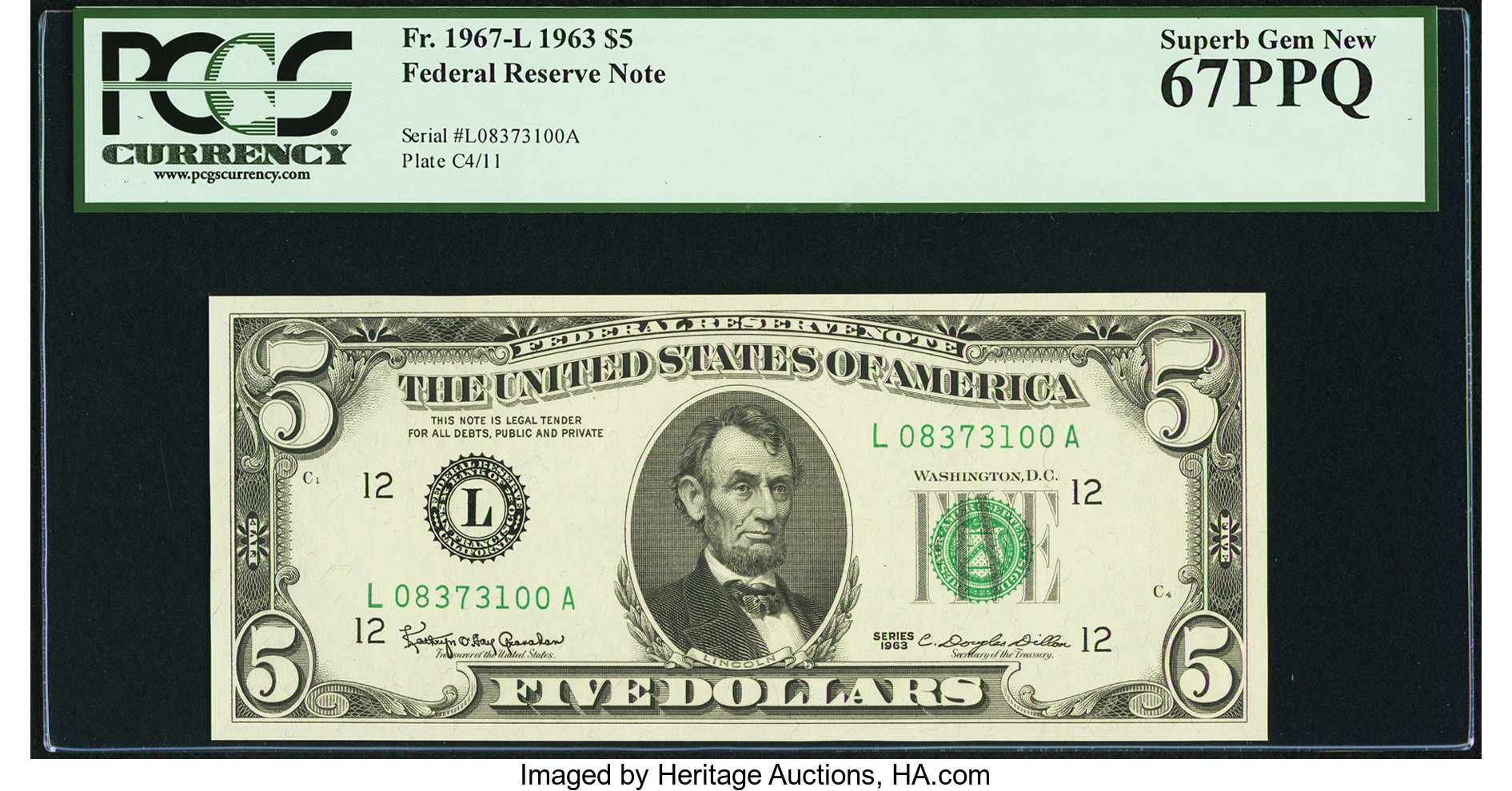 image for: Fr. 1967-L $5 1963 Federal Reserve Note. PCGS Superb Gem New 67PPQ....