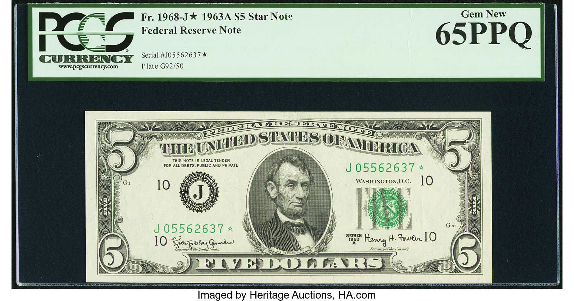 image for: Fr. 1968-J* $5 1963A Federal Reserve Star Note. PCGS Gem New 65PPQ....