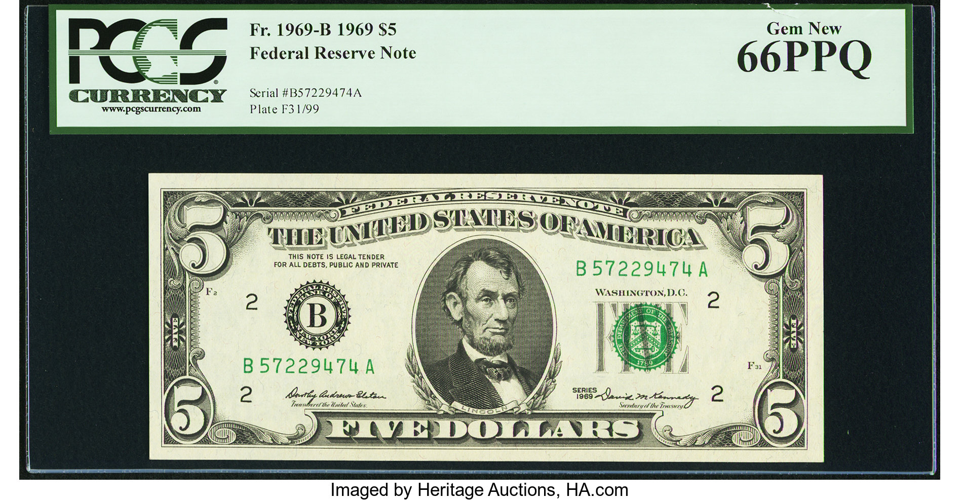 image for: Fr. 1969-B $5 1969 Federal Reserve Note. PCGS Gem New 66PPQ....