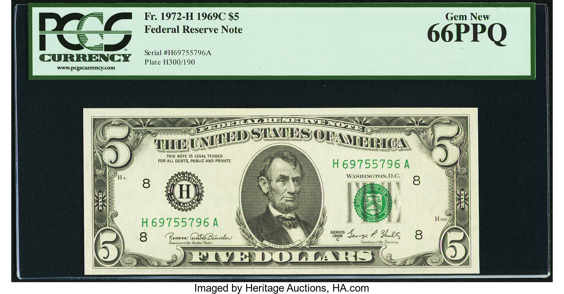 image for: Fr. 1972-H $5 1969C Federal Reserve Note. PCGS Gem New 66PPQ....