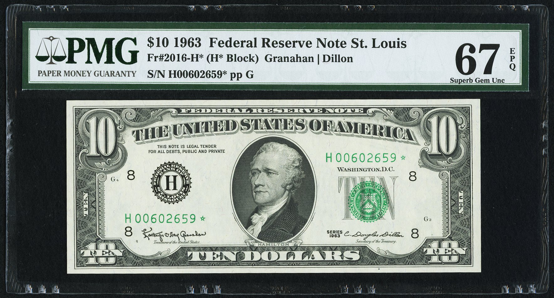 image for: Fr. 2016-H* $10 1963 Federal Reserve Star Note. PMG Superb Gem Unc 67 EPQ....