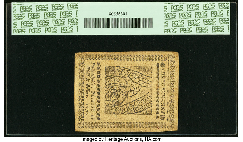 image for: Continental Currency July 22, 1776 $3 PCGS Very Fine 25....