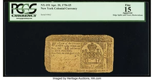 image for: New York April 20, 1756 £5 PCGS Apparent Fine 15....