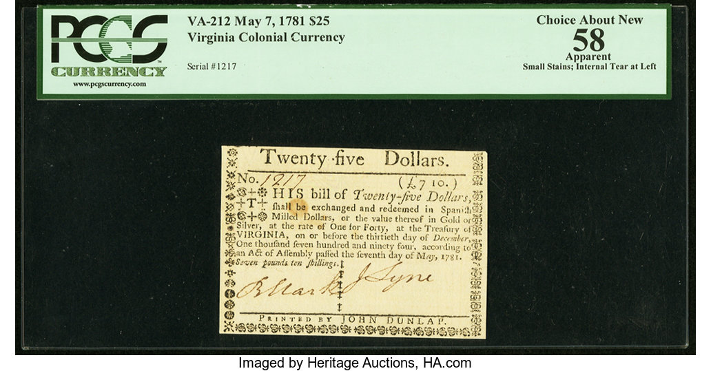 image for: Virginia May 7, 1781 $25 PCGS Apparent Choice About New 58....