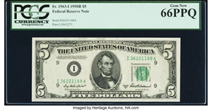 image for: Fr. 1963-I $5 1950B Federal Reserve Note. PCGS Gem New 66PPQ....