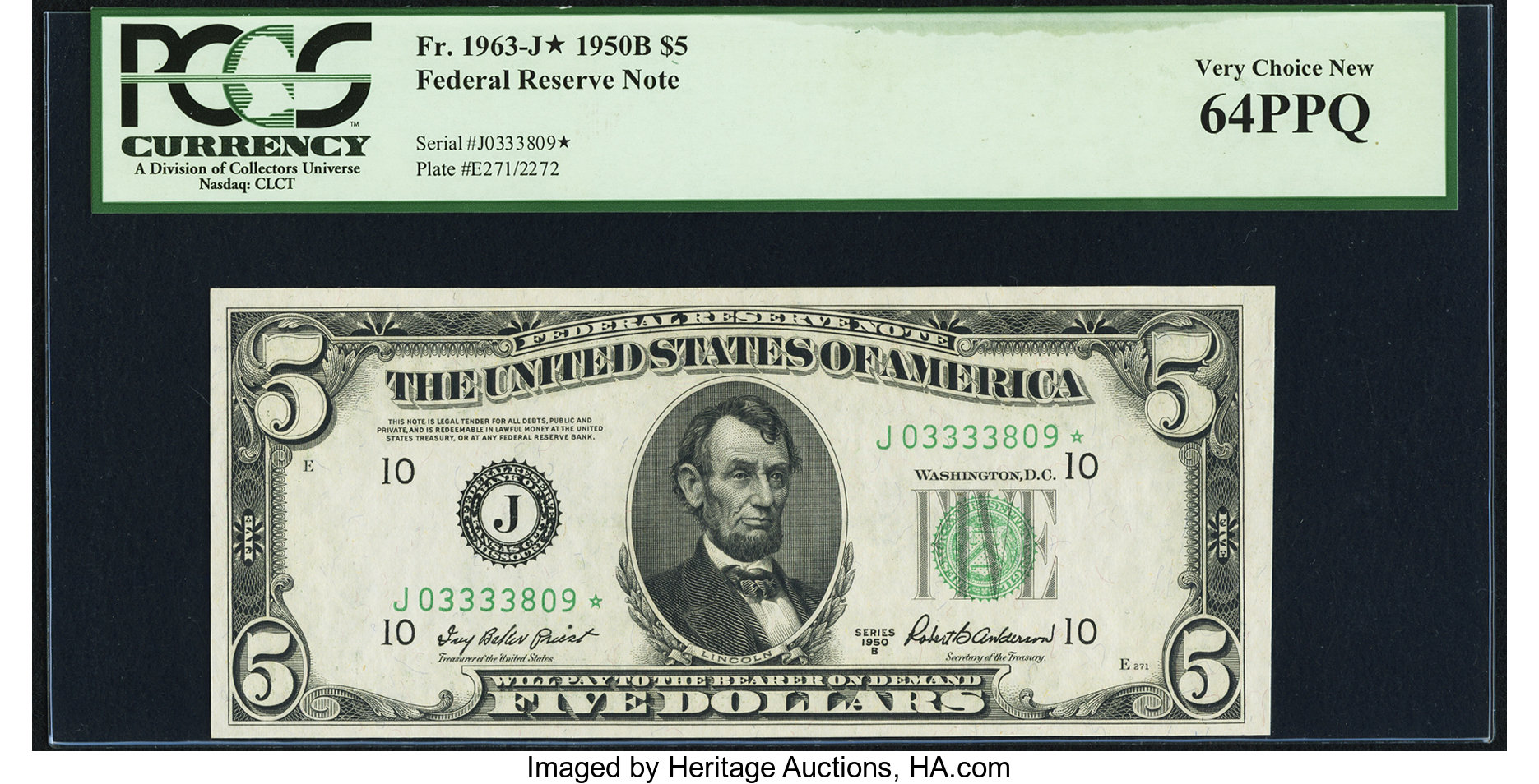 image for: Fr. 1963-J* $5 1950B Federal Reserve Star Note. PCGS Very Choice New 64PPQ....