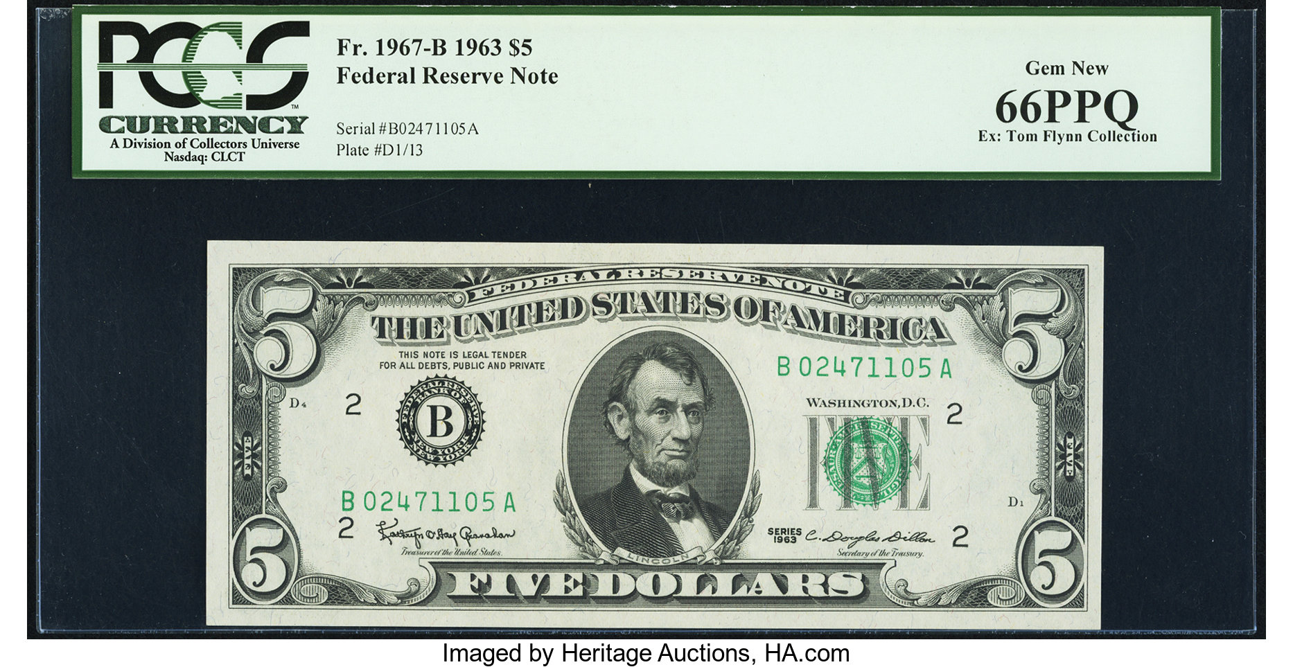 image for: Fr. 1967-B $5 1963 Federal Reserve Note. PCGS Gem New 66PPQ....