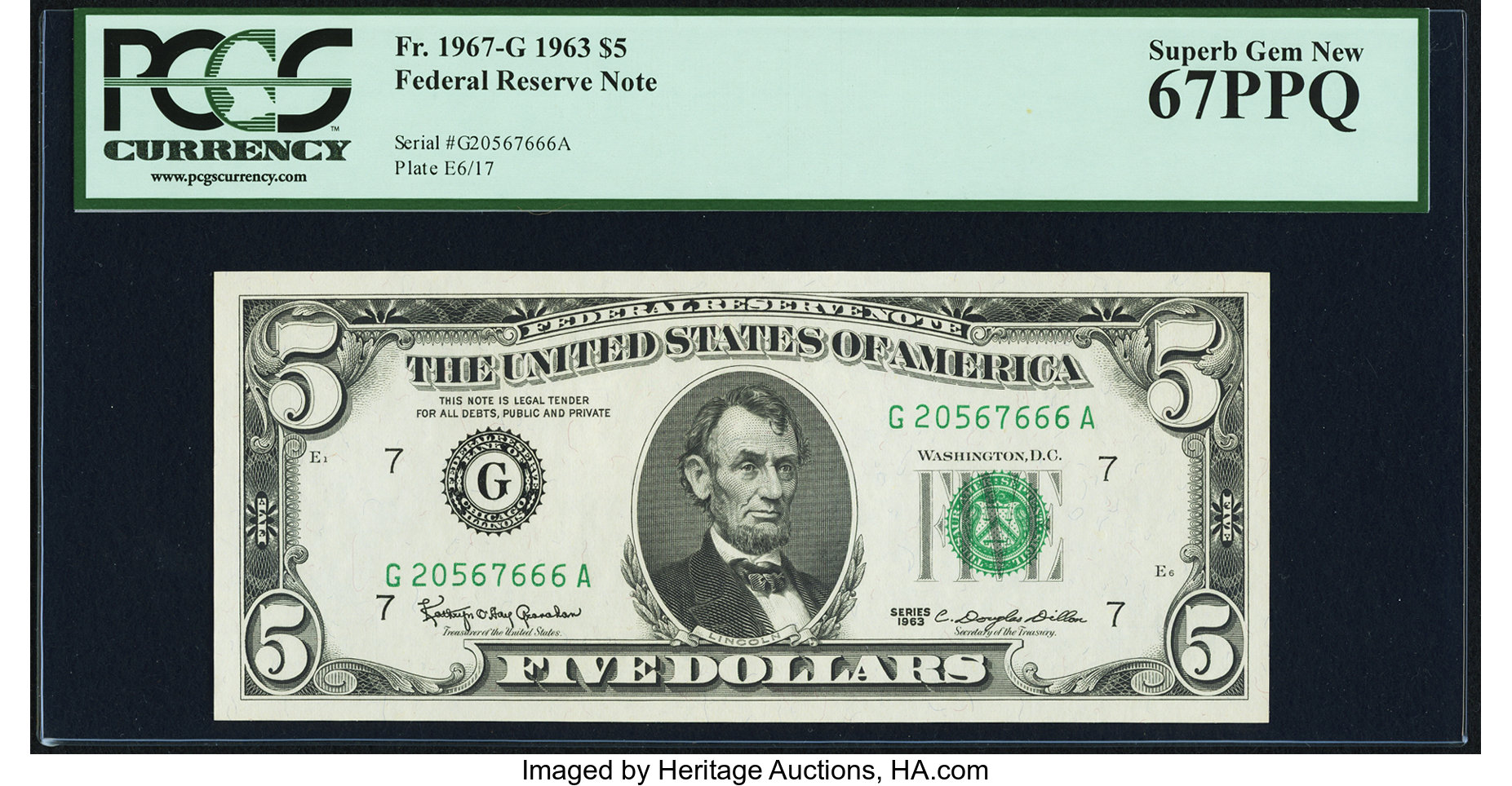 image for: Fr. 1967-G $5 1963 Federal Reserve Note. PCGS Superb Gem New 67PPQ....