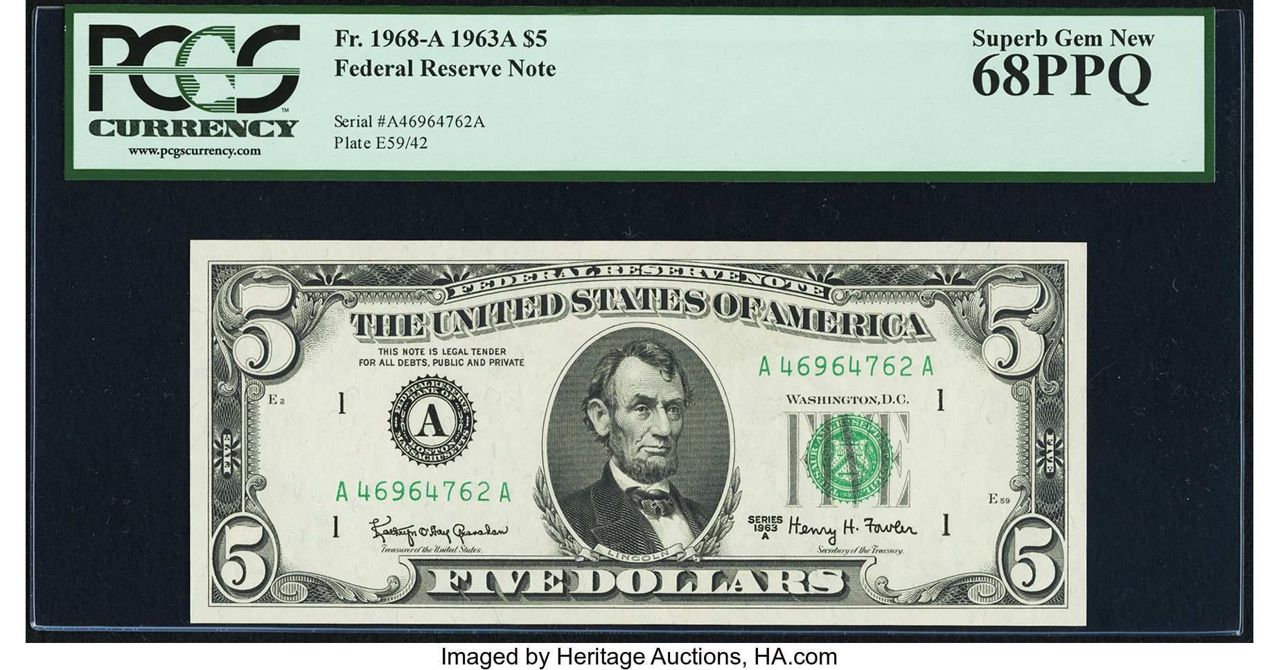 image for: Fr. 1968-A $5 1963A Federal Reserve Note. PCGS Superb Gem New 68PPQ....
