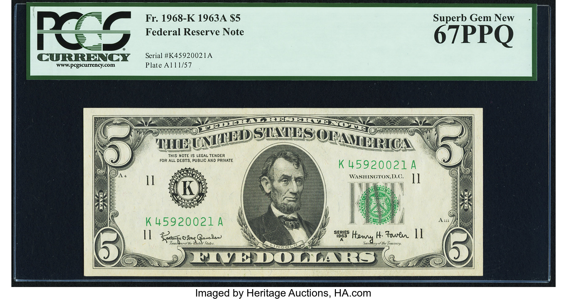 image for: Fr. 1968-K $5 1963A Federal Reserve Note. PCGS Superb Gem New 67PPQ....