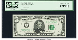 image for: Fr. 1971-F $5 1969B Federal Reserve Note. PCGS Superb Gem New 67PPQ....