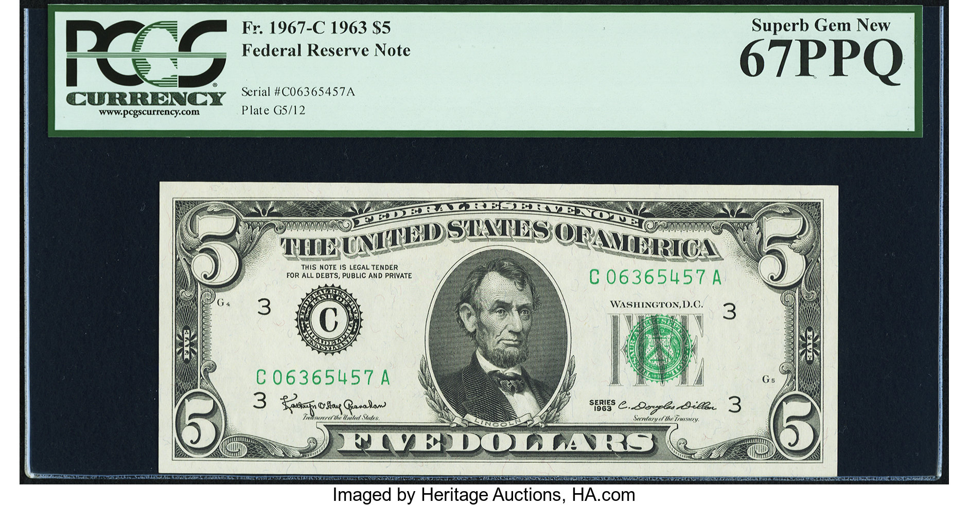 image for: Fr. 1967-C $5 1963 Federal Reserve Note. PCGS Superb Gem New 67PPQ....