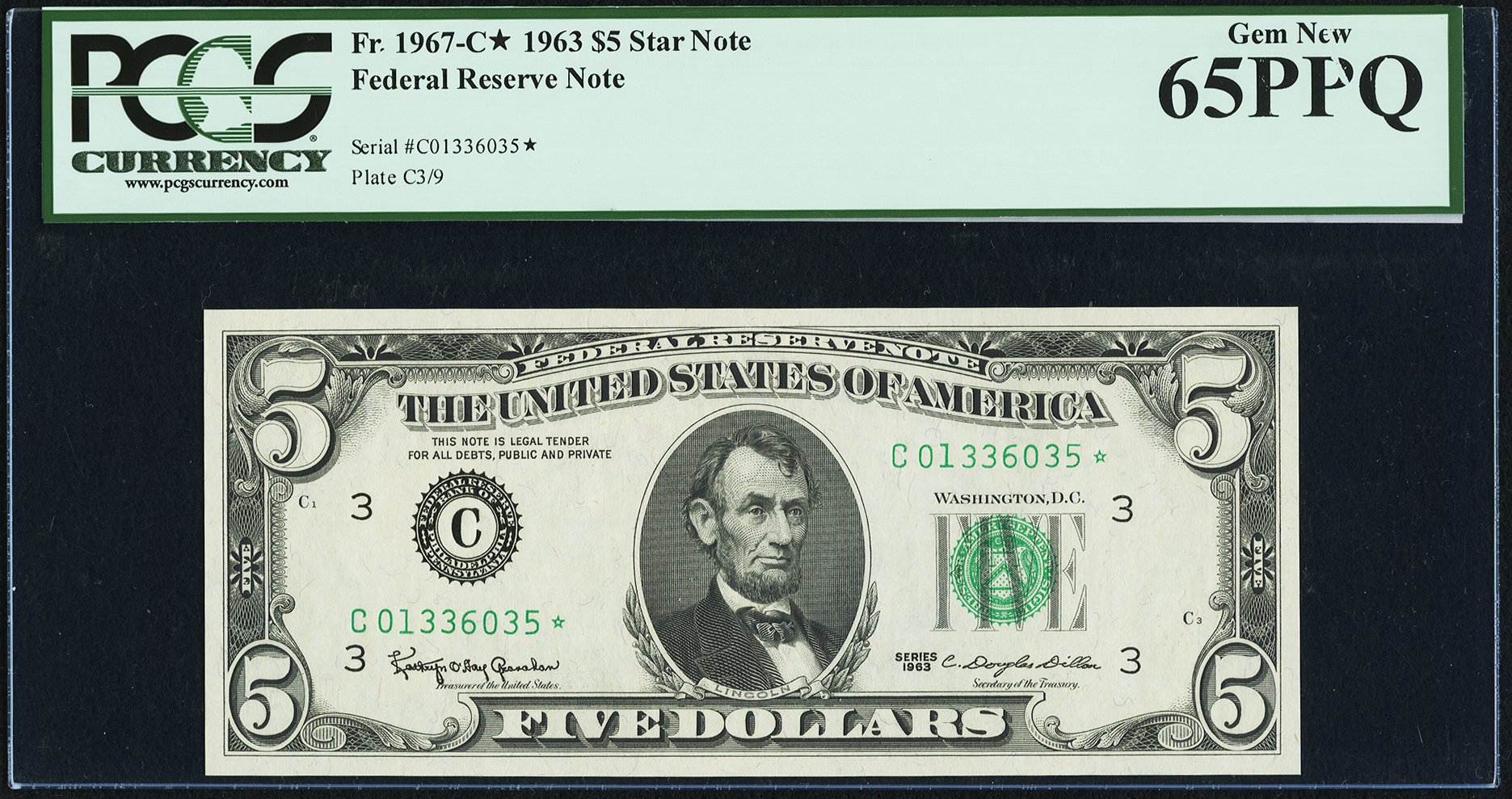 image for: Fr. 1967-C* $5 1963 Federal Reserve Star Note. PCGS Gem New 65PPQ....