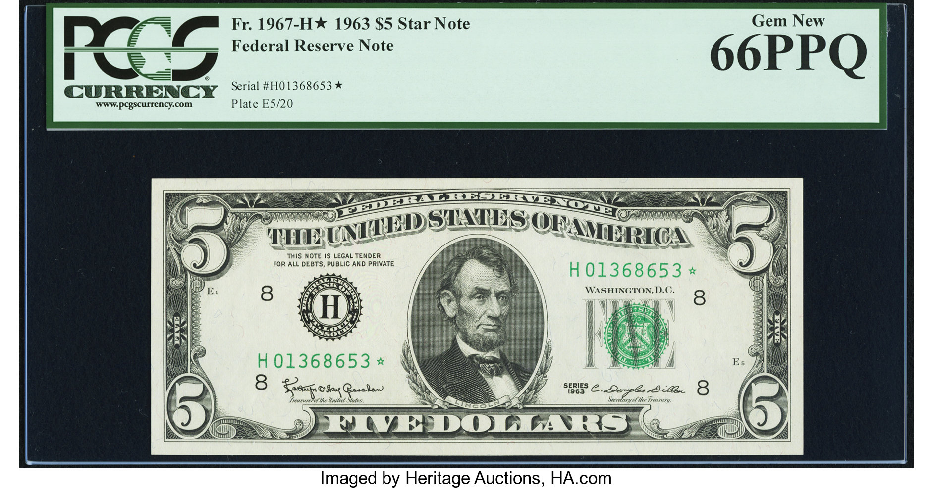 image for: Fr. 1967-H* $5 1963 Federal Reserve Star Note. PCGS Gem New 66PPQ....