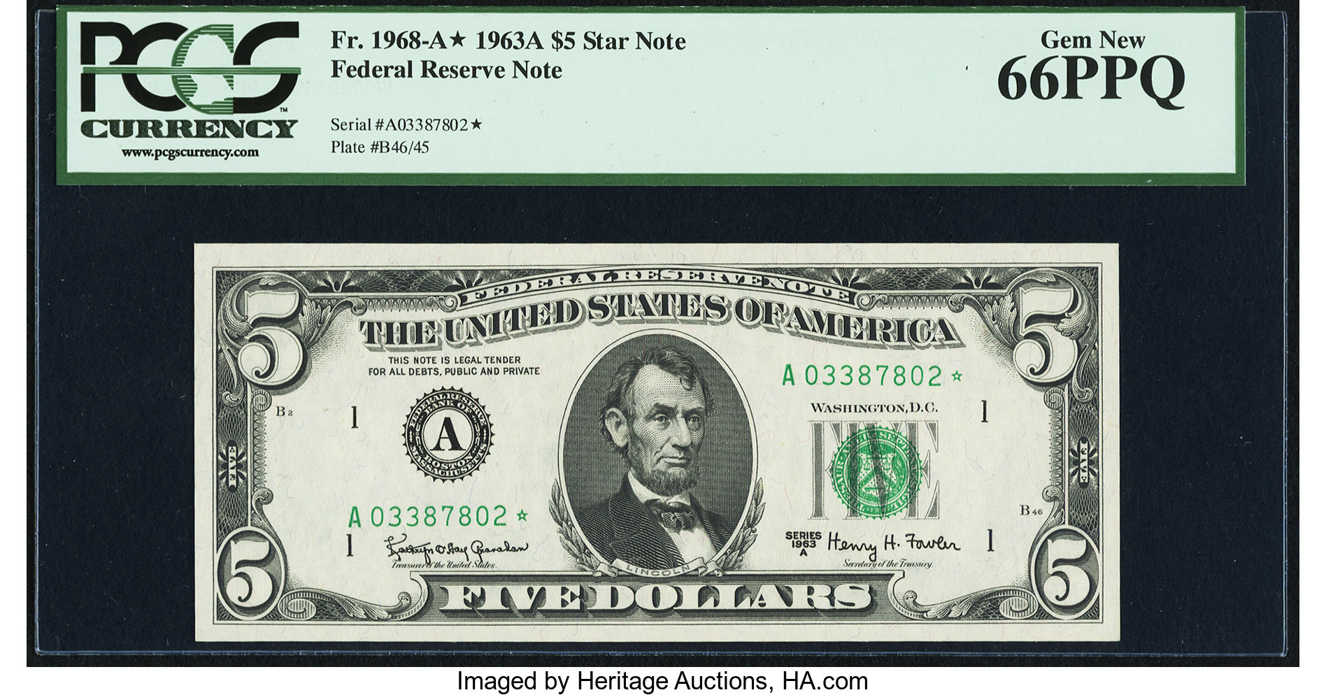 image for: Fr. 1968-A* $5 1963A Federal Reserve Star Note. PCGS Gem New 66PPQ....