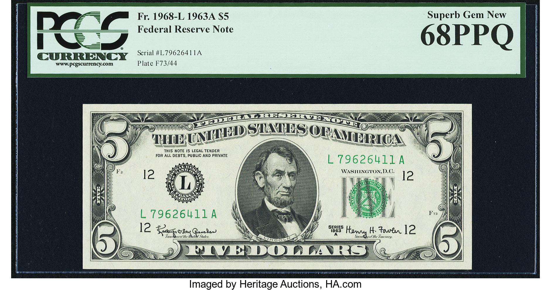 image for: Fr. 1968-L $5 1963A Federal Reserve Note. PCGS Superb Gem New 68PPQ....