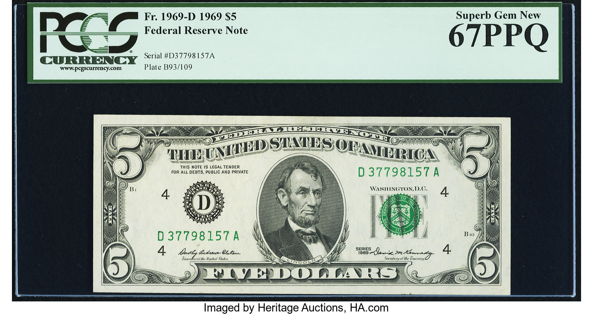 image for: Fr. 1969-D $5 1969 Federal Reserve Note. PCGS Superb Gem New 67PPQ....