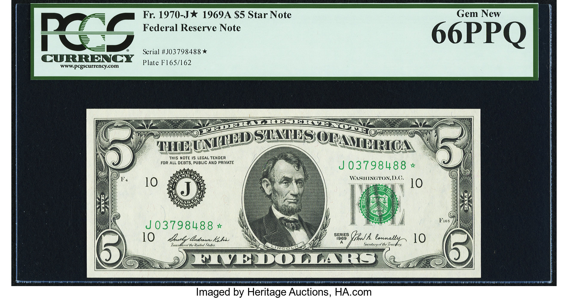 image for: Fr. 1970-J* $5 1969A Federal Reserve Star Note. PCGS Gem New 66PPQ....