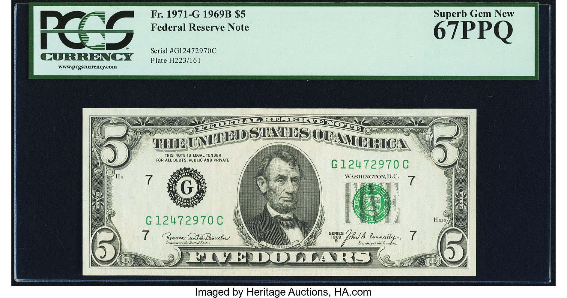 image for: Fr. 1971-G $5 1969B Federal Reserve Note. PCGS Superb Gem New 67PPQ....