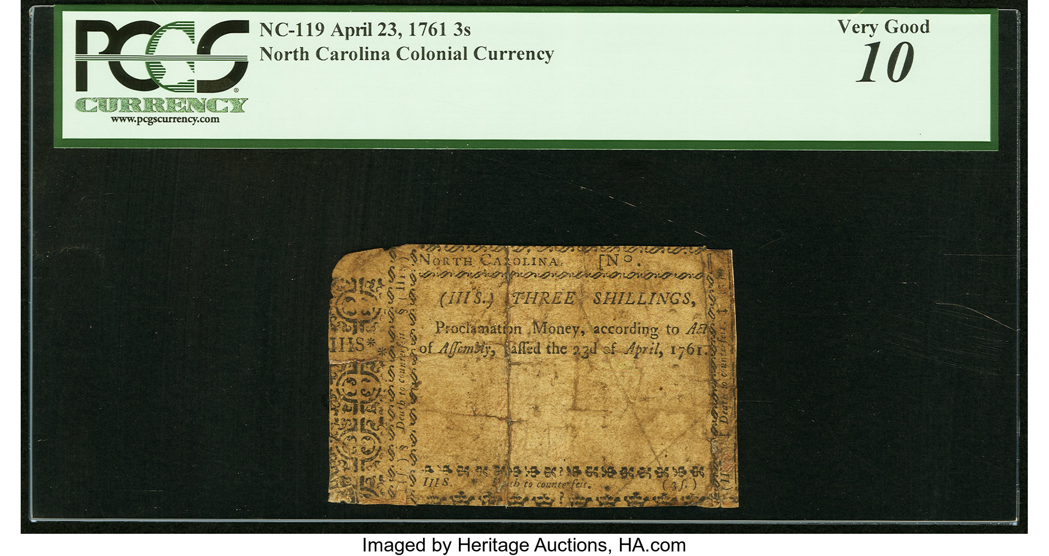image for: North Carolina April 23, 1761 3s PCGS Very Good 10....