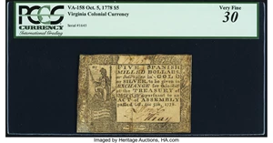 image for: Virginia October 5, 1778 $5 PCGS Very Fine 30....