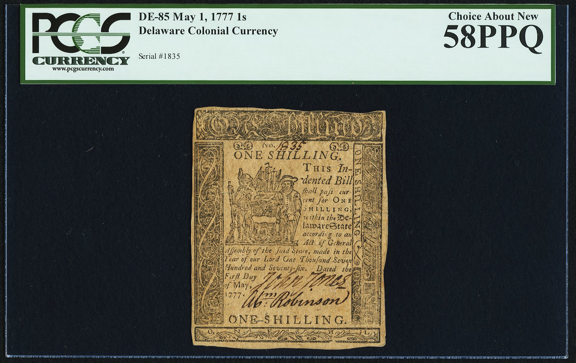 image for: Delaware May 1, 1777 1s PCGS Choice About New 58PPQ....