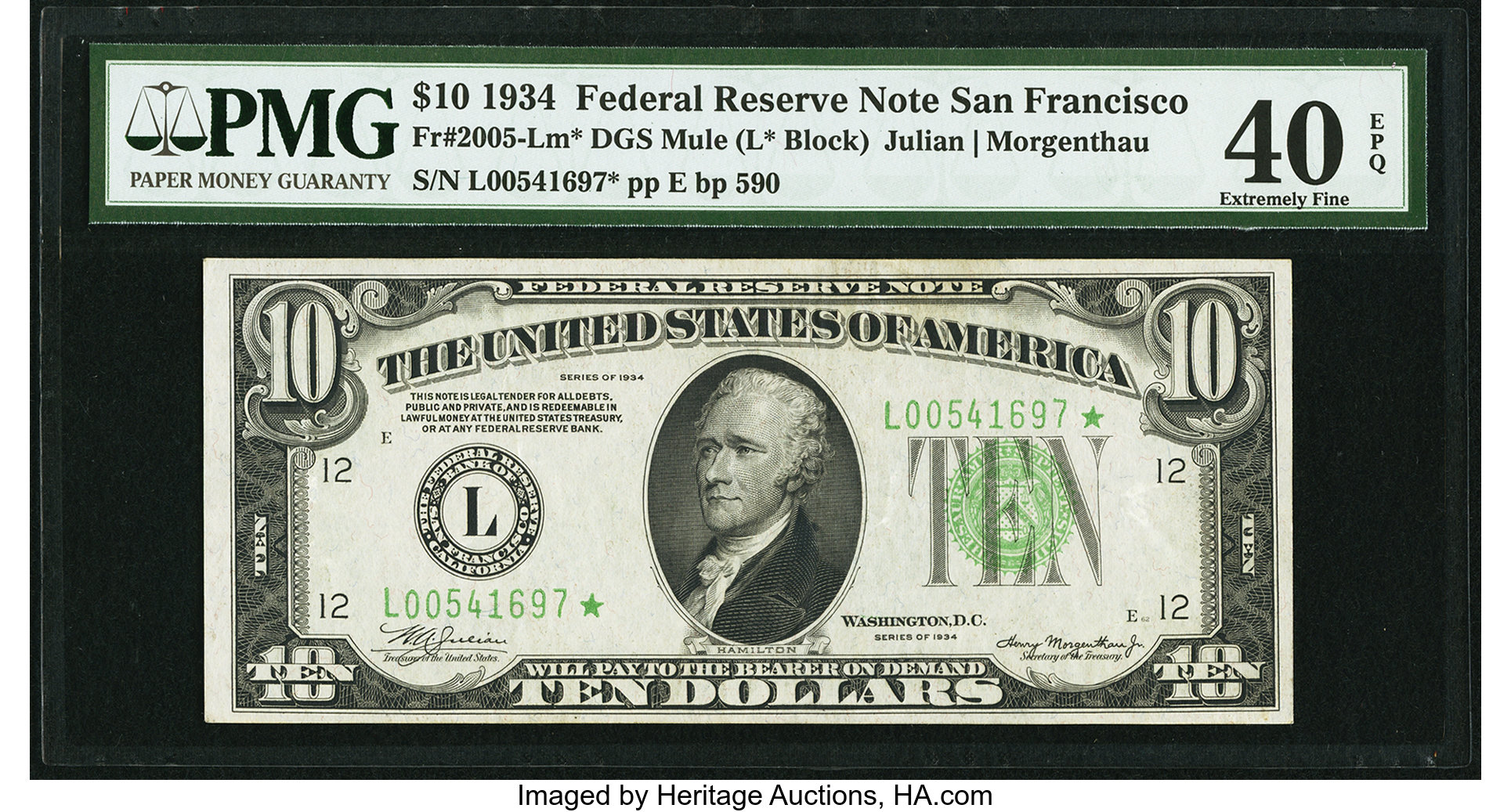 image for: Fr. 2005-L* $10 1934 Mule Dark Green Seal Federal Reserve Note. PMG Extremely Fine 40 EPQ....