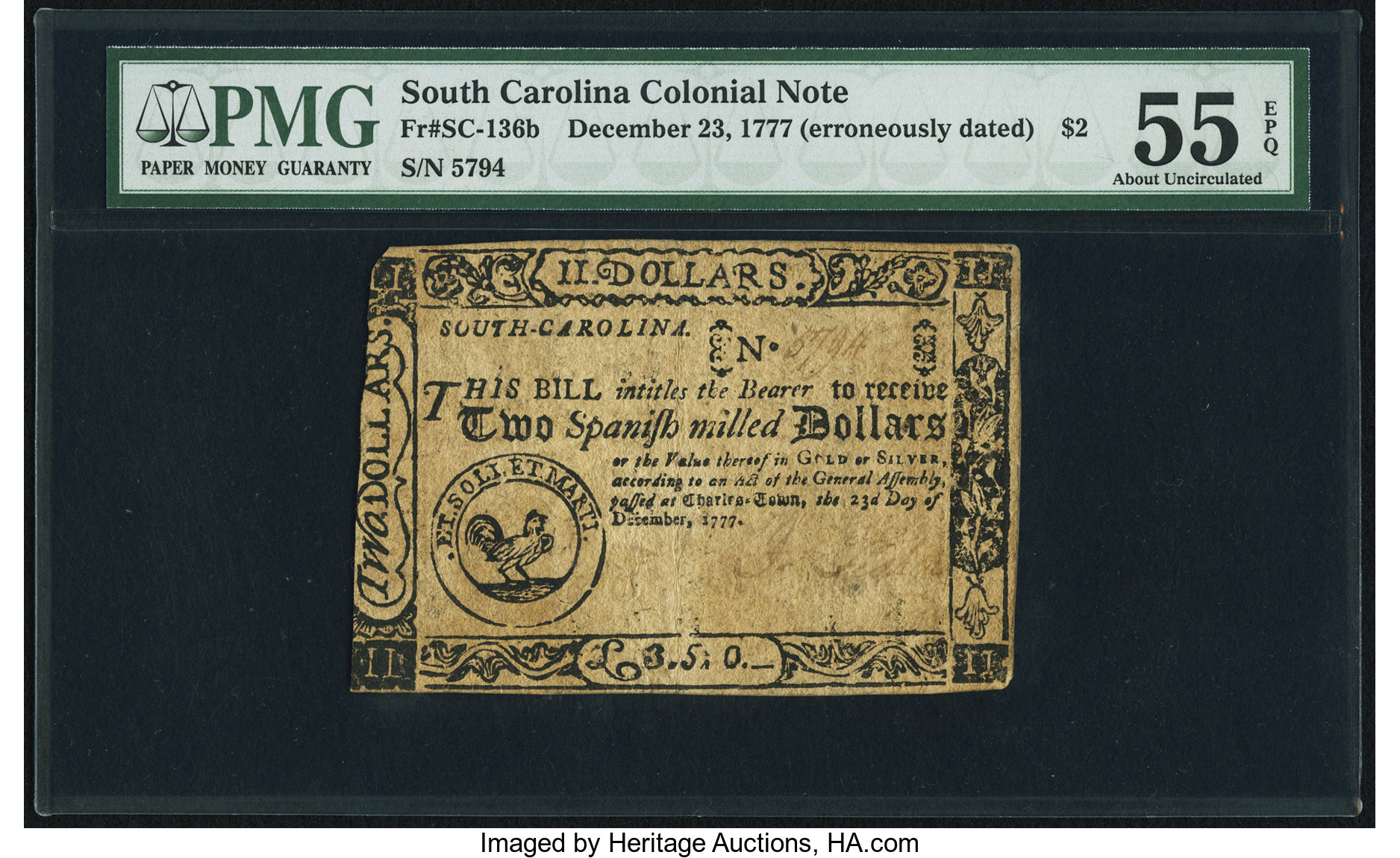image for: South Carolina December 23, 1777 (erroneously dated) $2 PMG About Uncirculated 55 EPQ....