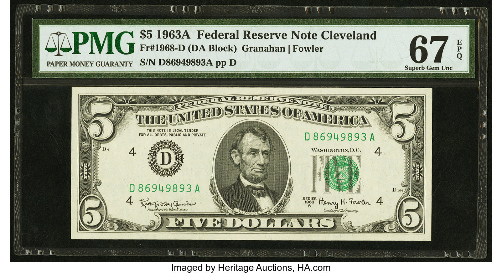image for: Fr. 1968-D $5 1963A Federal Reserve Note. PMG Superb Gem Unc 67 EPQ....